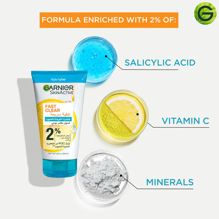 GARNIER Fast Clear 2% Salicylic Acid & Vitamin C - 3 In 1 Anti-Acne Exfoliating Wash (150ml)